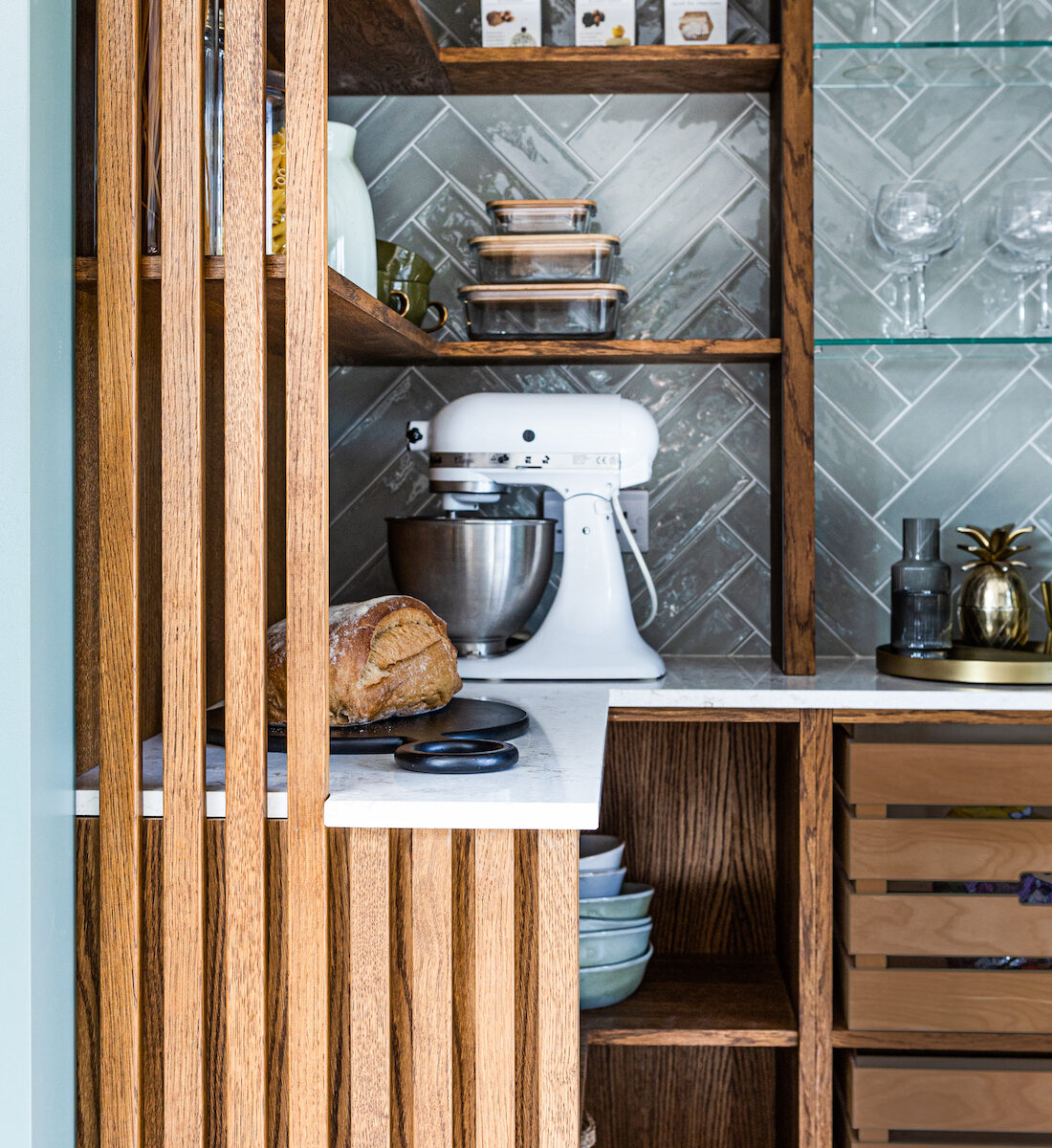 Walk-In Pantry with Kitchen Aid Stand Mixer, Blue Herringbone Tile Splashback, Ribbed Timber Joinery Detail