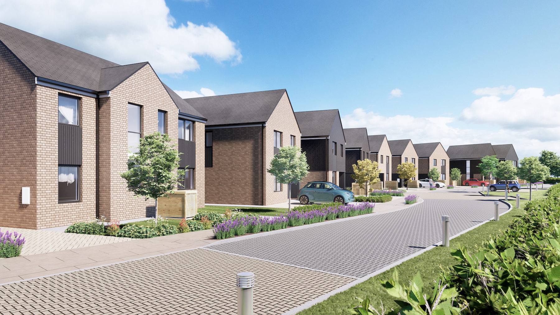 Render of property development street in Sussex - row of 10 houses with driveways and each with different interior design and architecture